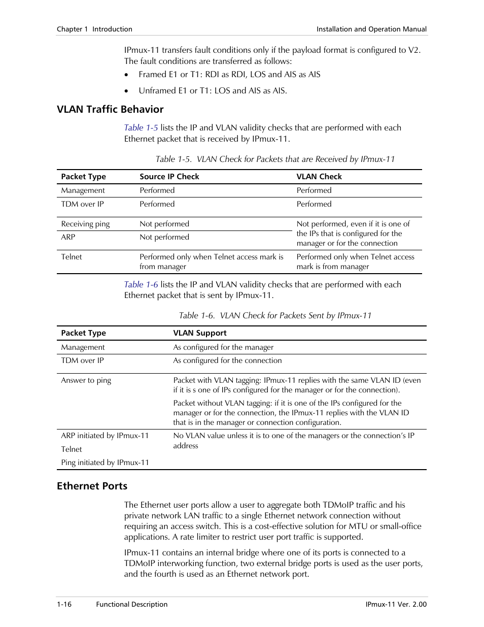 Vlan traffic behavior, Ethernet ports | RAD Data comm IPmux-11 User Manual | Page 30 / 148