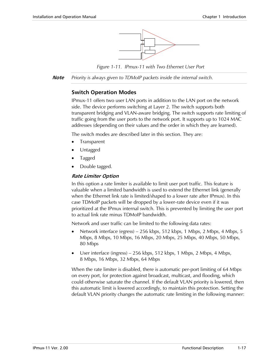 Switch operation modes, Rate limiter option | RAD Data comm IPmux-11 User Manual | Page 31 / 148