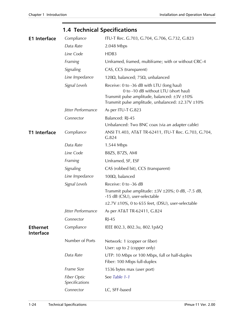 4 technical specifications | RAD Data comm IPmux-11 User Manual | Page 38 / 148