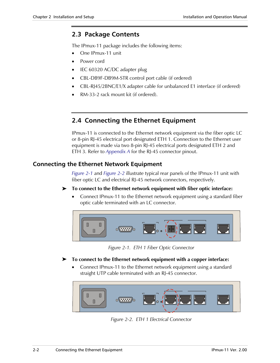 3 package contents, 4 connecting the ethernet equipment, Connecting the ethernet network equipment | Figure 2-1. eth 1 fiber optic connector, Figure 2-2. eth 1 electrical connector | RAD Data comm IPmux-11 User Manual | Page 42 / 148