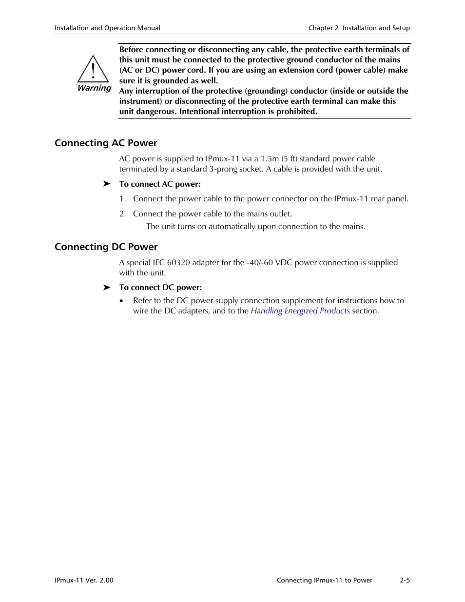 Connecting ac power, Connecting dc power | RAD Data comm IPmux-11 User Manual | Page 45 / 148