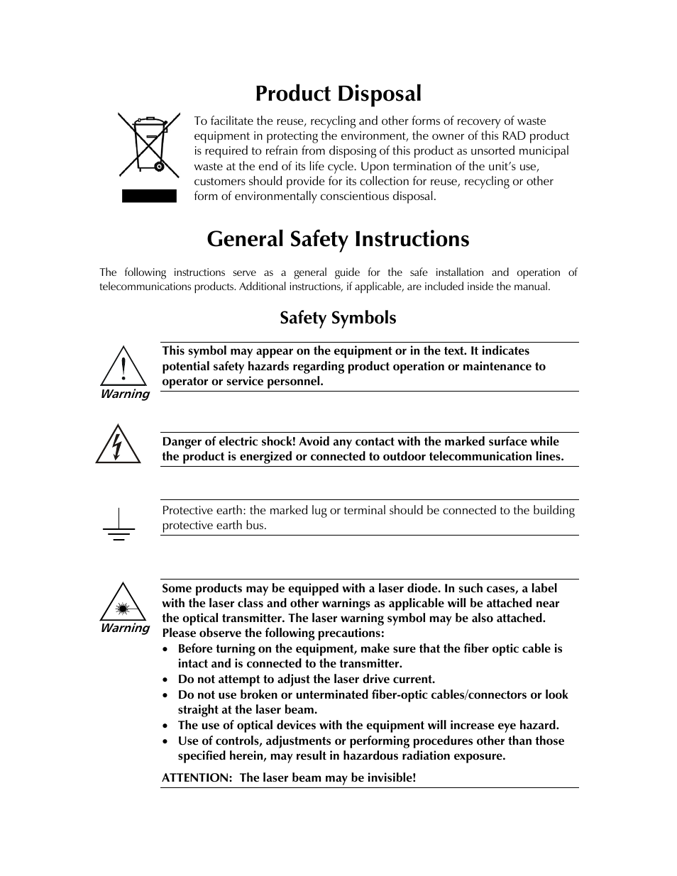 Product disposal, General safety instructions, Safety symbols | RAD Data comm IPmux-11 User Manual | Page 5 / 148