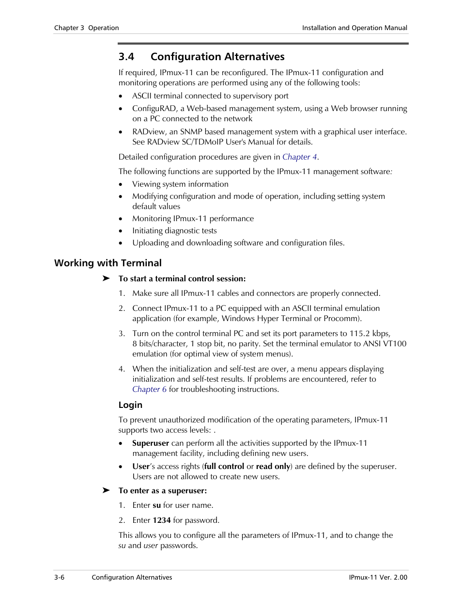 4 configuration alternatives, Working with terminal, Login | RAD Data comm IPmux-11 User Manual | Page 52 / 148