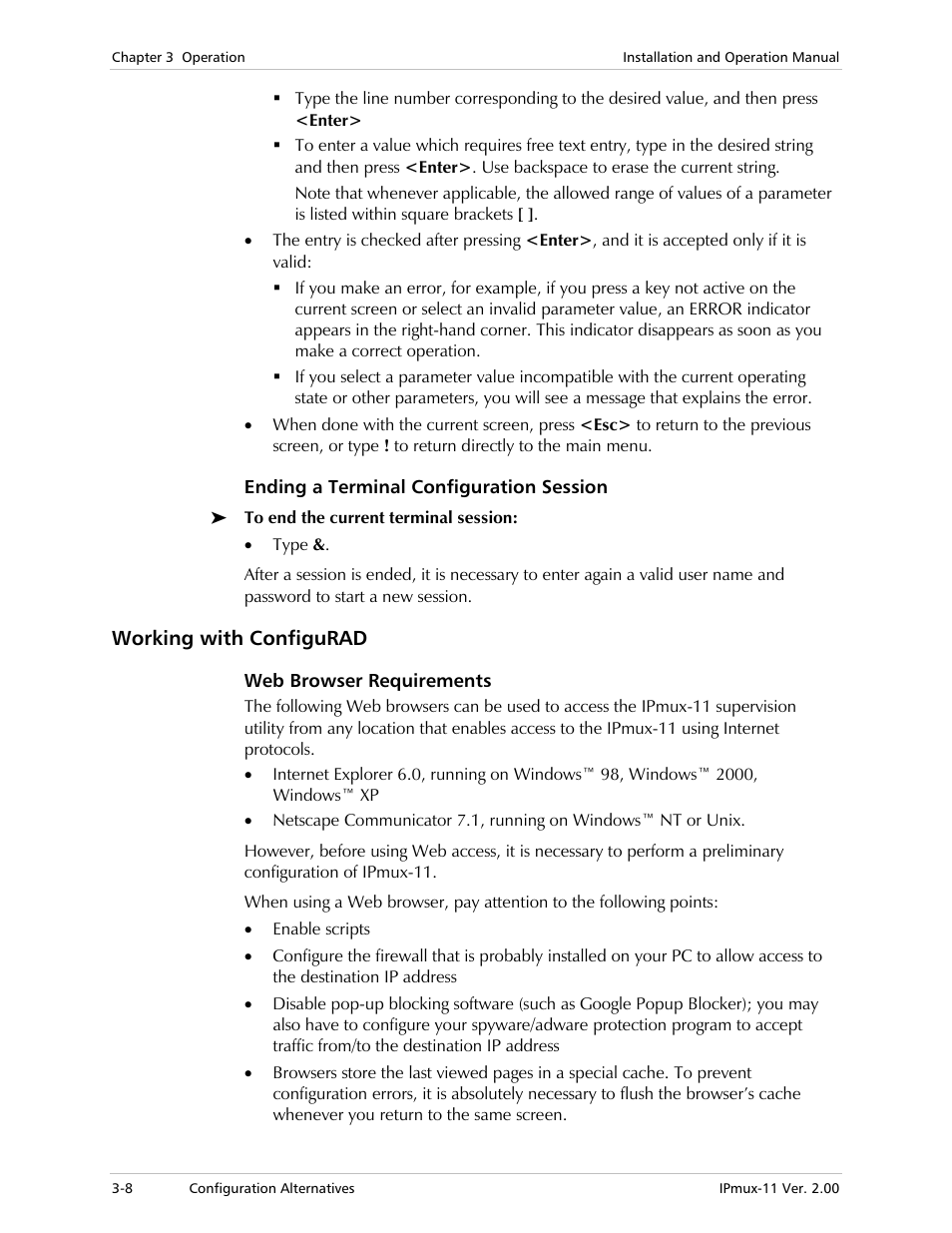 Ending a terminal configuration session, Working with configurad, Web browser requirements | RAD Data comm IPmux-11 User Manual | Page 54 / 148