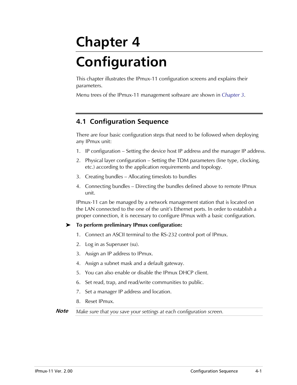 Chapter 4. configuration, 1 configuration sequence, Chapter 4 | Detailed configuration procedures are given in, Chapter 4 configuration | RAD Data comm IPmux-11 User Manual | Page 59 / 148