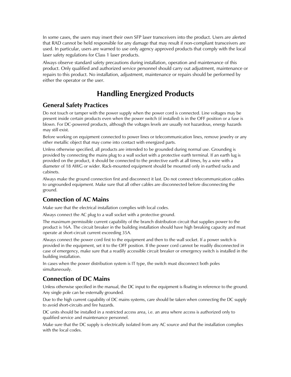 Handling energized products, General safety practices, Connection of ac mains | Connection of dc mains | RAD Data comm IPmux-11 User Manual | Page 6 / 148
