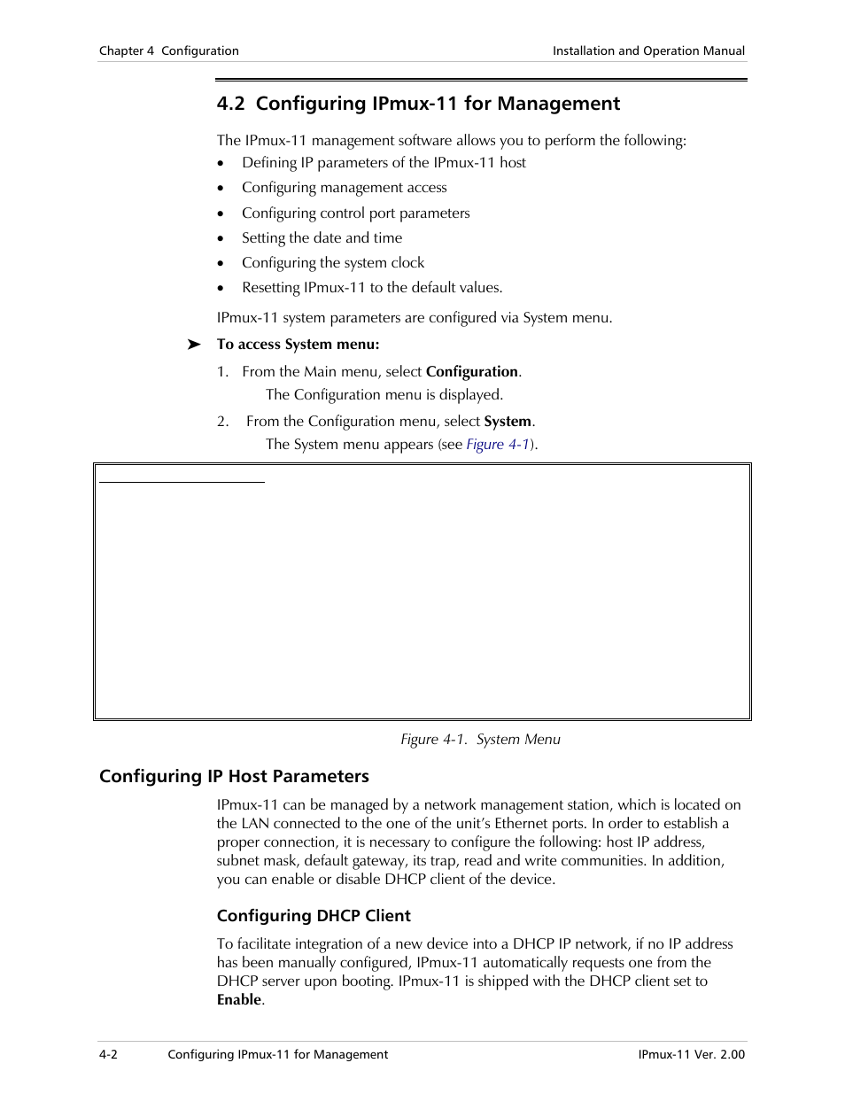 2 configuring ipmux-11 for management, Configuring ip host parameters, Configuring dhcp client | RAD Data comm IPmux-11 User Manual | Page 60 / 148