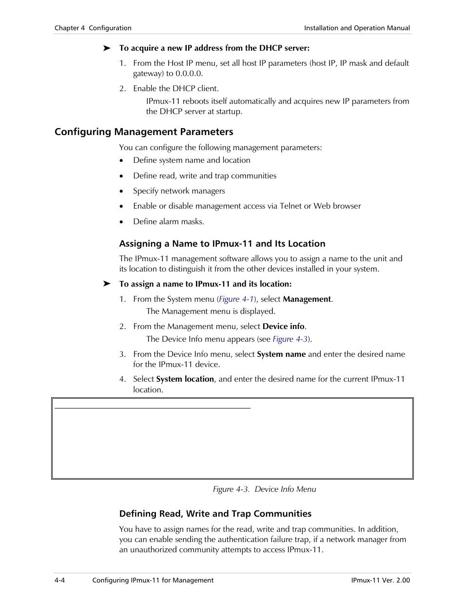 Configuring management parameters, Assigning a name to ipmux-11 and its location, Defining read, write and trap communities | RAD Data comm IPmux-11 User Manual | Page 62 / 148