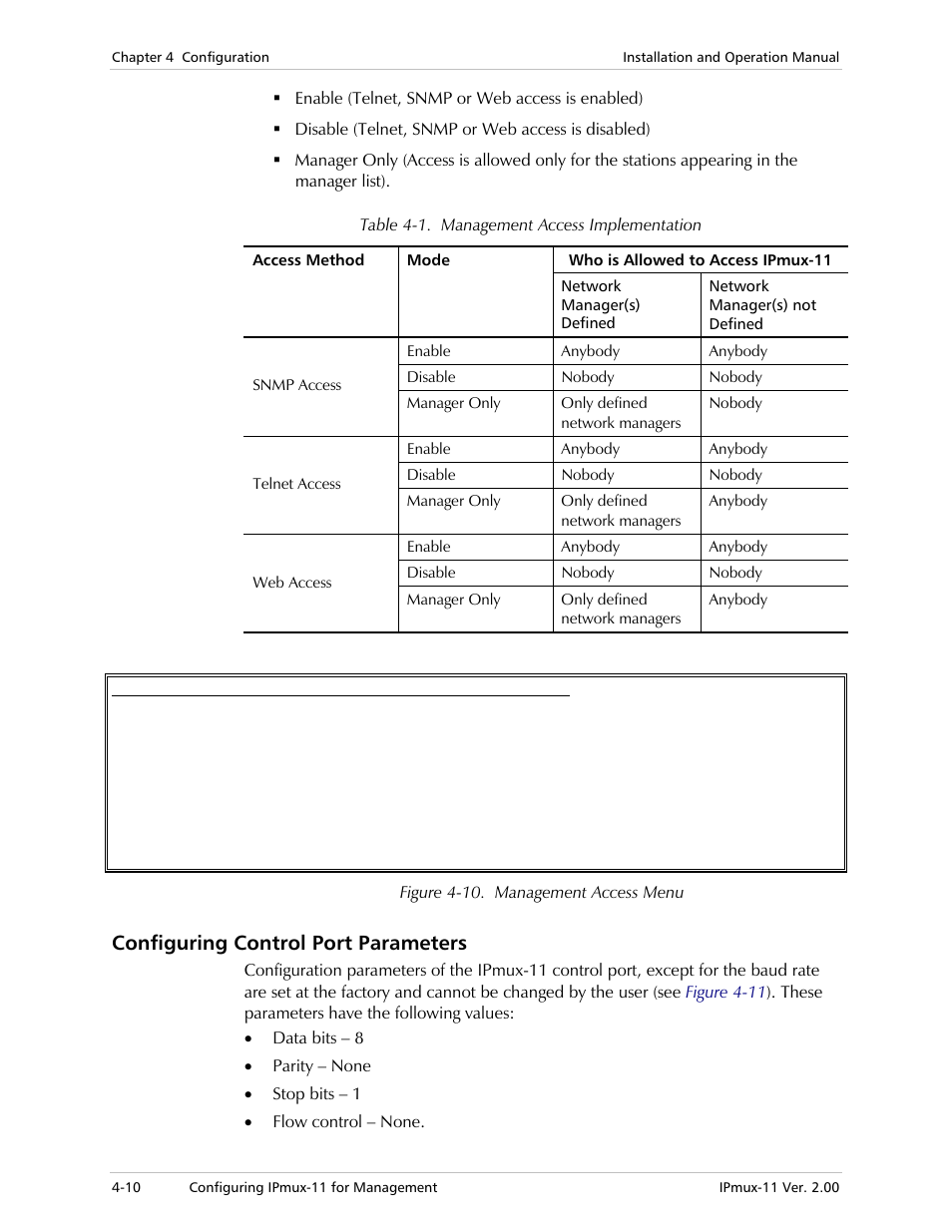 Configuring control port parameters, Table 4-1, S (see | Figure 4-10 | RAD Data comm IPmux-11 User Manual | Page 68 / 148