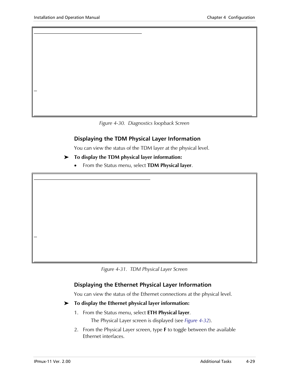 Displaying the tdm physical layer information, Displaying the ethernet physical layer information | RAD Data comm IPmux-11 User Manual | Page 87 / 148