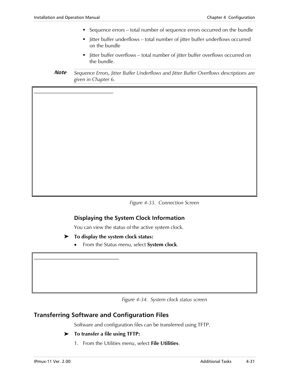 Displaying the system clock information, Transferring software and configuration files, Figure 4-33 | RAD Data comm IPmux-11 User Manual | Page 89 / 148