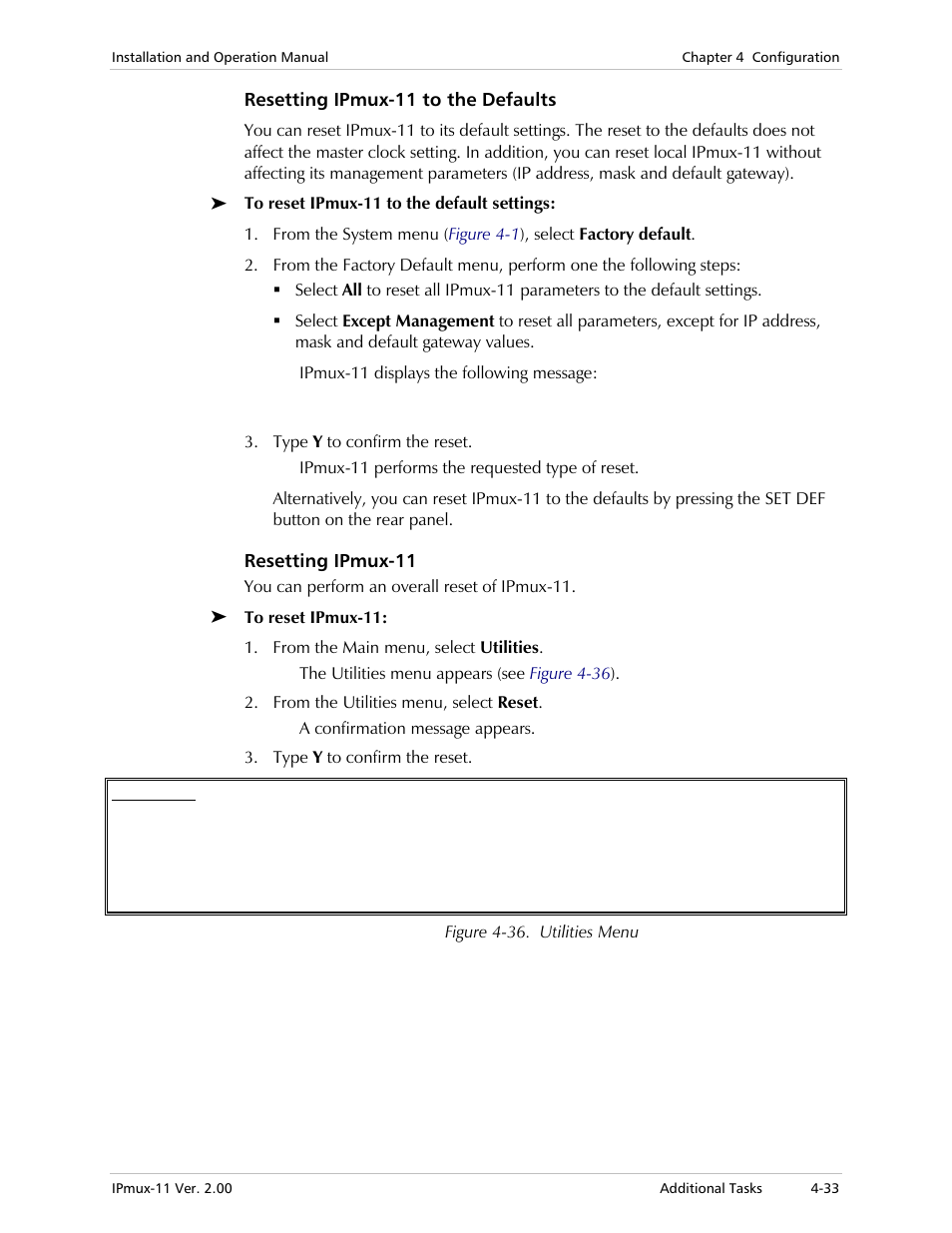 Resetting ipmux-11 to the defaults, Resetting ipmux-11 | RAD Data comm IPmux-11 User Manual | Page 91 / 148