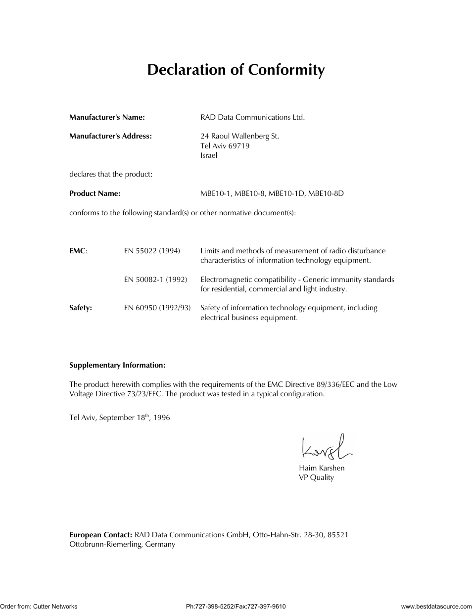 Declaration of conformity | RAD Data comm MBE10-1D User Manual | Page 10 / 58