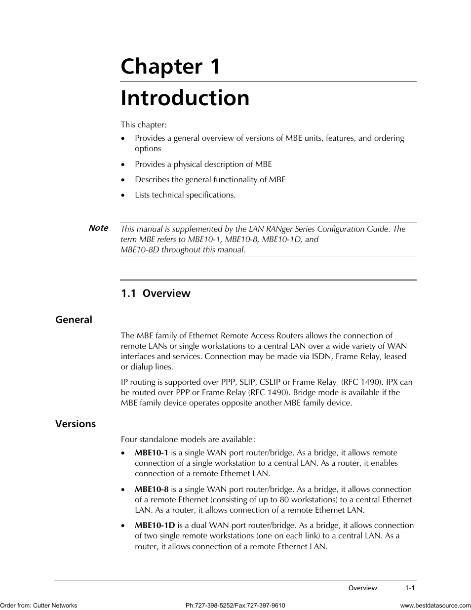 Chapter 1 introduction, Overview, General | Versions, 1 overview | RAD Data comm MBE10-1D User Manual | Page 15 / 58