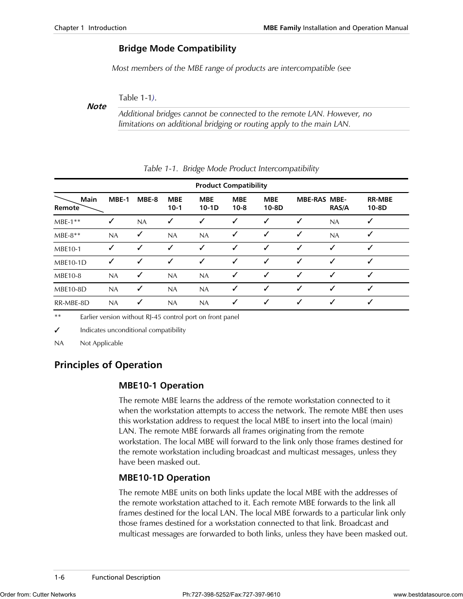 Principles of operation, Bridge mode compatibility, Mbe10-1 operation | Mbe10-1d operation | RAD Data comm MBE10-1D User Manual | Page 20 / 58