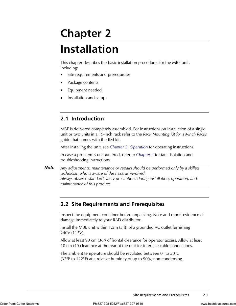 Chapter 2 installation, Introduction, Site requirements and prerequisites | 1 introduction, 2 site requirements and prerequisites | RAD Data comm MBE10-1D User Manual | Page 27 / 58