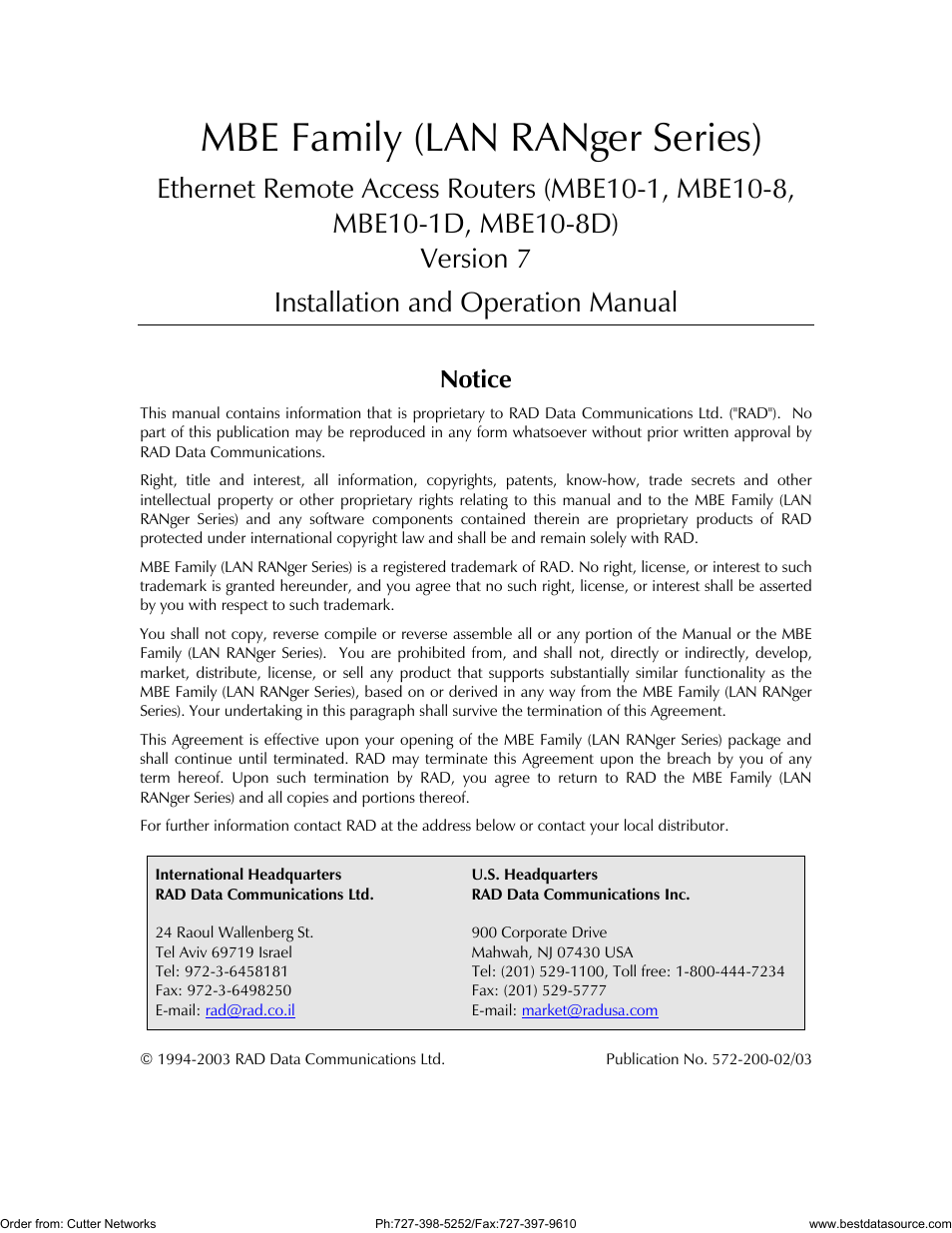 Mbe family (lan ranger series), Notice | RAD Data comm MBE10-1D User Manual | Page 3 / 58