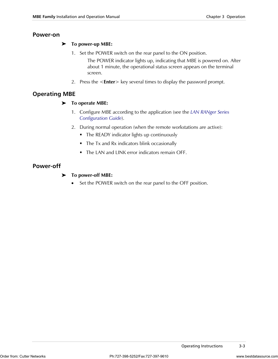 Power-on, Operating mbe, Power-off | RAD Data comm MBE10-1D User Manual | Page 39 / 58