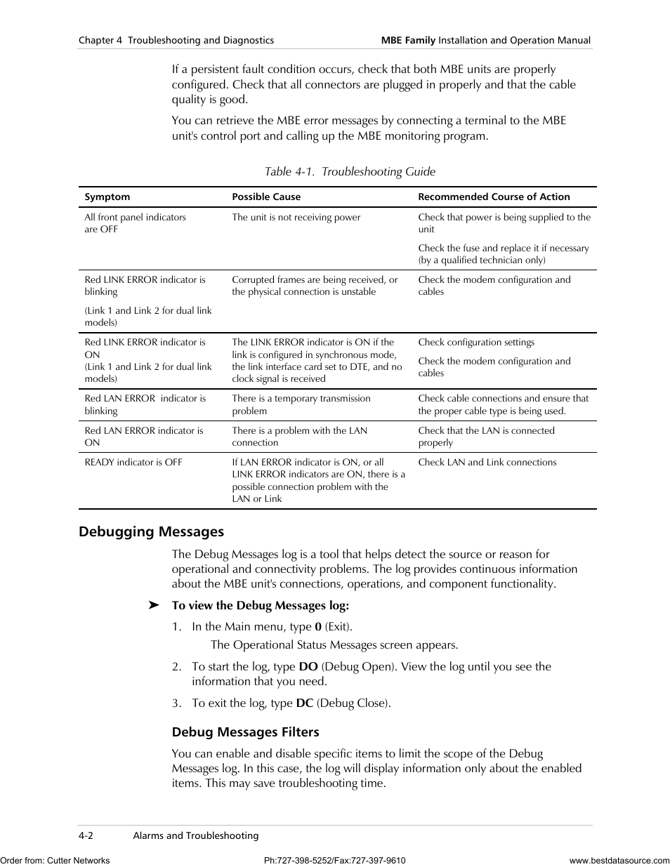 Debugging messages | RAD Data comm MBE10-1D User Manual | Page 42 / 58