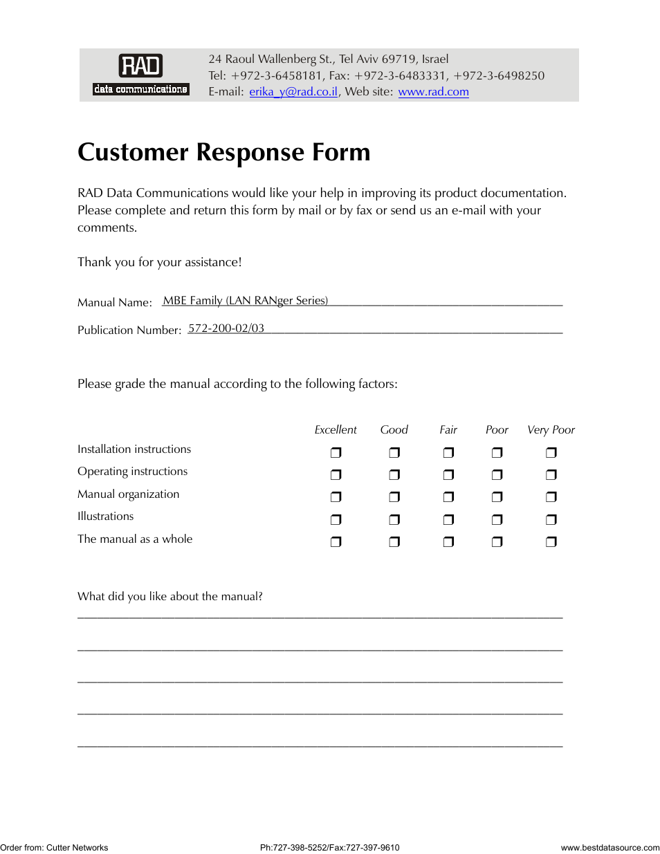 Customer response form | RAD Data comm MBE10-1D User Manual | Page 53 / 58