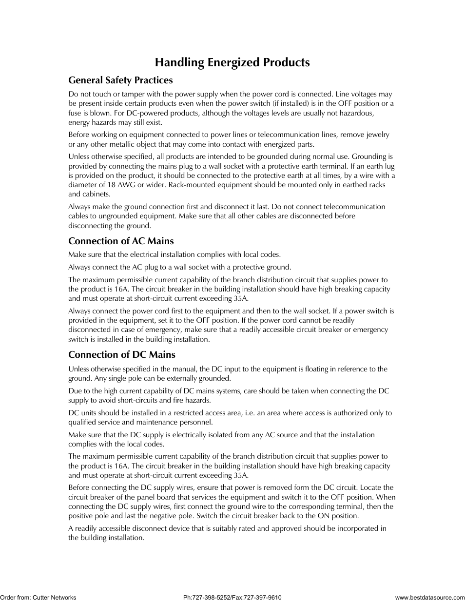 Handling energized products, General safety practices, Connection of ac mains | Connection of dc mains | RAD Data comm MBE10-1D User Manual | Page 6 / 58