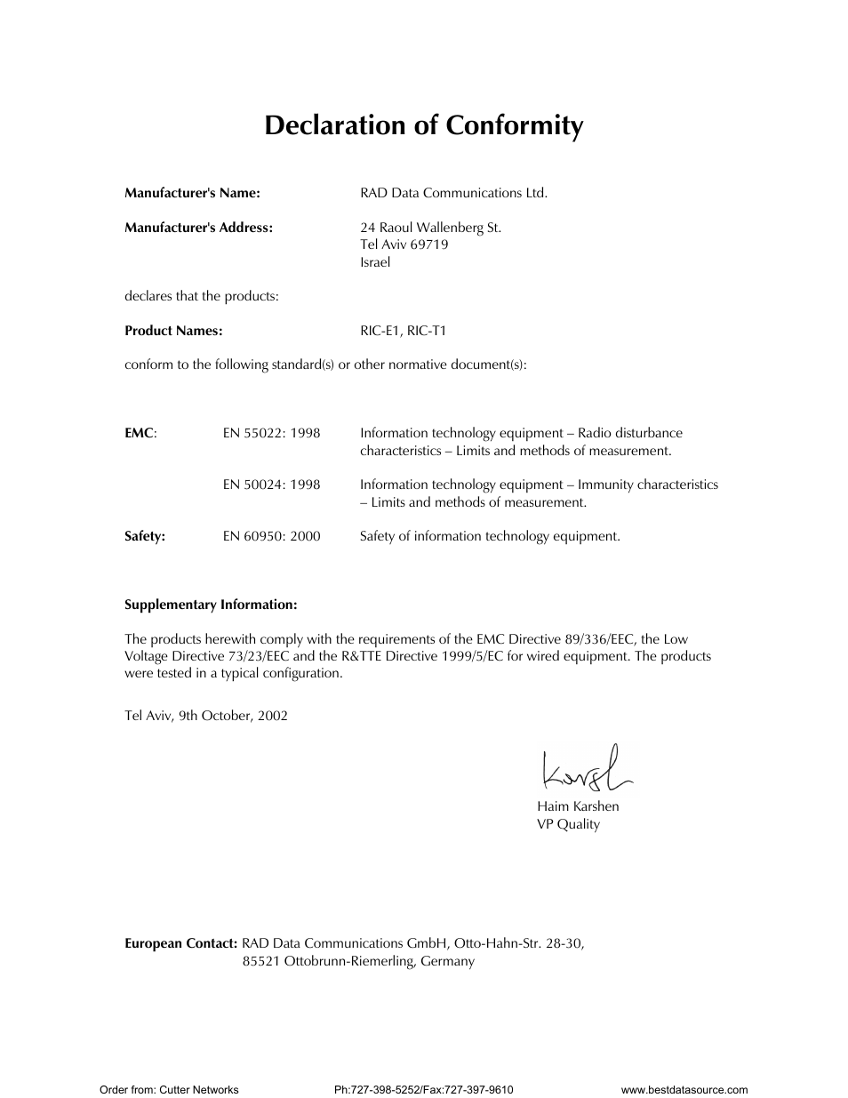 Declaration of conformity | RAD Data comm E1 Interface Converter RIC-E1 User Manual | Page 10 / 99