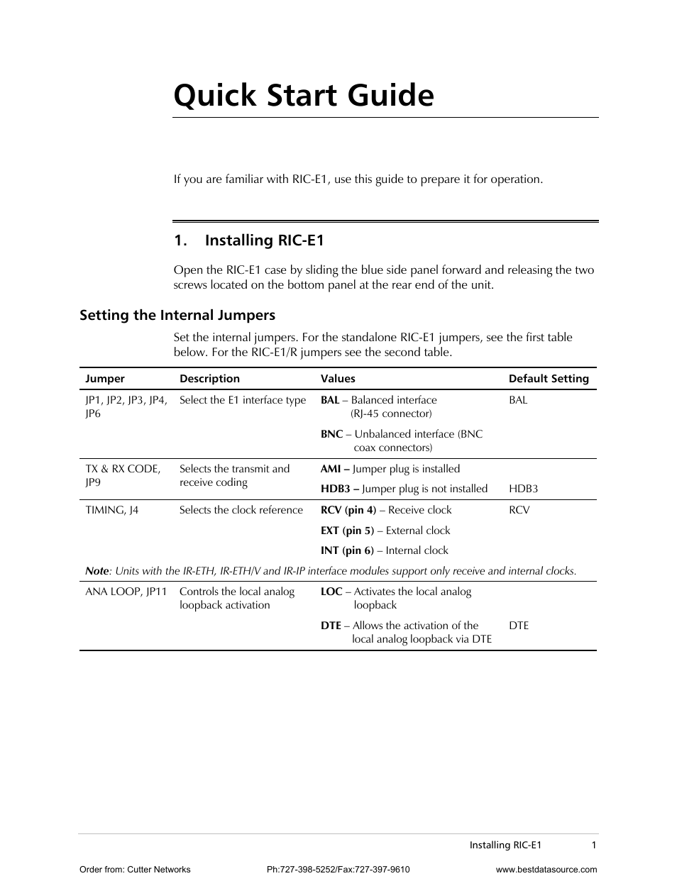 Quick start guide, Installing ric-e1, Setting the internal jumpers | RAD Data comm E1 Interface Converter RIC-E1 User Manual | Page 11 / 99