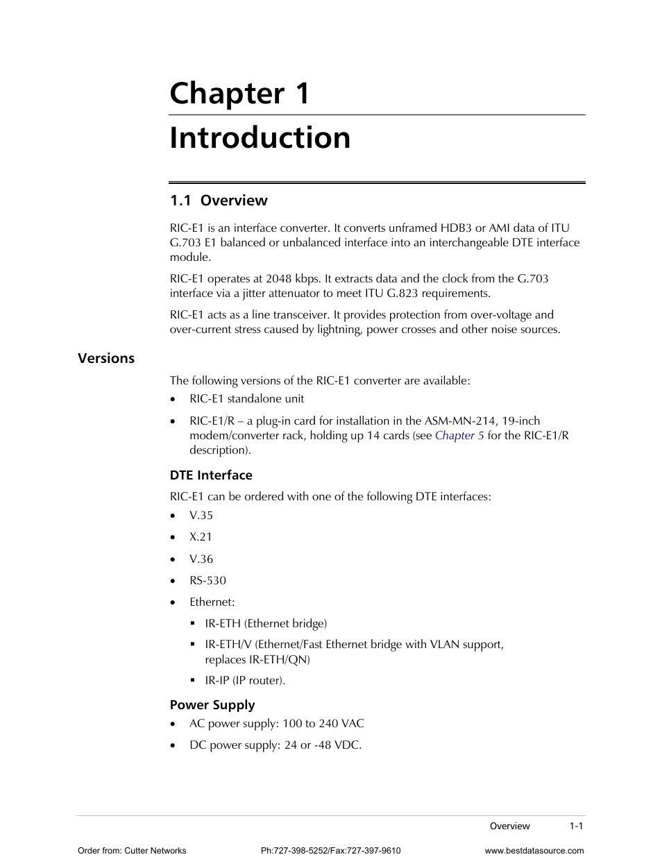 Chapter 1. introduction, Overview, Versions | Dte interface, Power supply, Chapter 1 introduction | RAD Data comm E1 Interface Converter RIC-E1 User Manual | Page 15 / 99