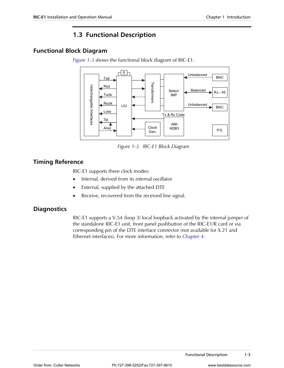 Functional description, Functional block diagram, Timing reference | Diagnostics, 3 functional description, Figure 1-3. ric-e1 block diagram | RAD Data comm E1 Interface Converter RIC-E1 User Manual | Page 17 / 99