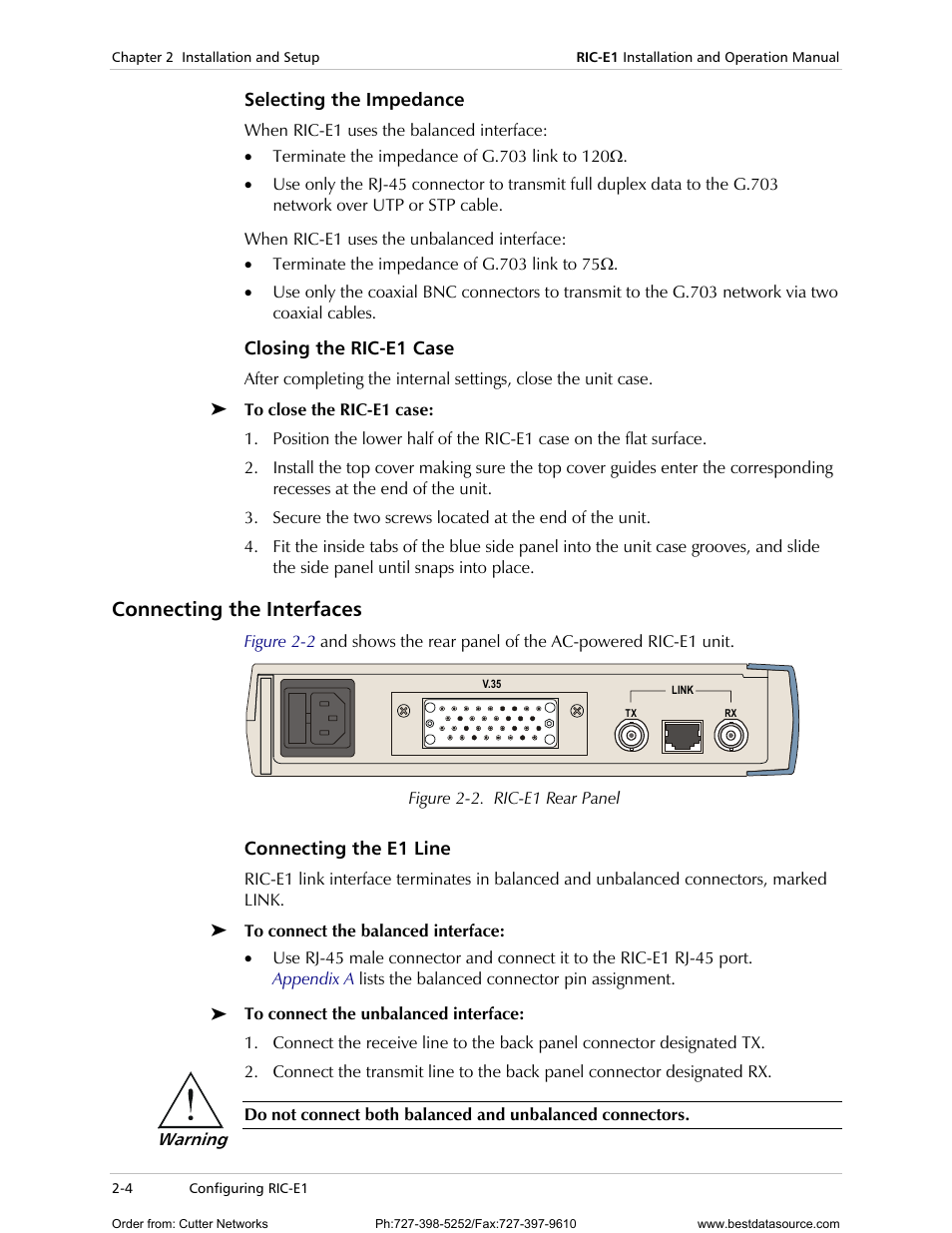 Selecting the impedance, Closing the ric-e1 case, Connecting the interfaces | Connecting the e1 line, Ained in, Connecting the, Interfaces | RAD Data comm E1 Interface Converter RIC-E1 User Manual | Page 24 / 99