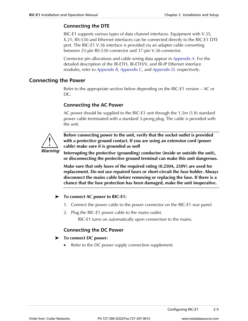 Connecting the dte, Connecting the power, Connecting the ac power | Connecting the dc power, Connecting the, Power | RAD Data comm E1 Interface Converter RIC-E1 User Manual | Page 25 / 99