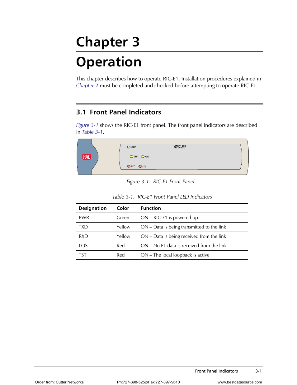 Chapter 3. operation, Front panel indicators, Chapter 3 | Mplete, refer to, Chapter 3 operation, 1 front panel indicators | RAD Data comm E1 Interface Converter RIC-E1 User Manual | Page 27 / 99