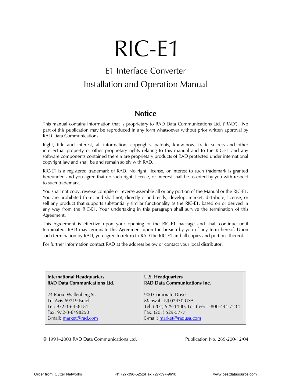 Front matter, Ric-e1, Notice | RAD Data comm E1 Interface Converter RIC-E1 User Manual | Page 3 / 99