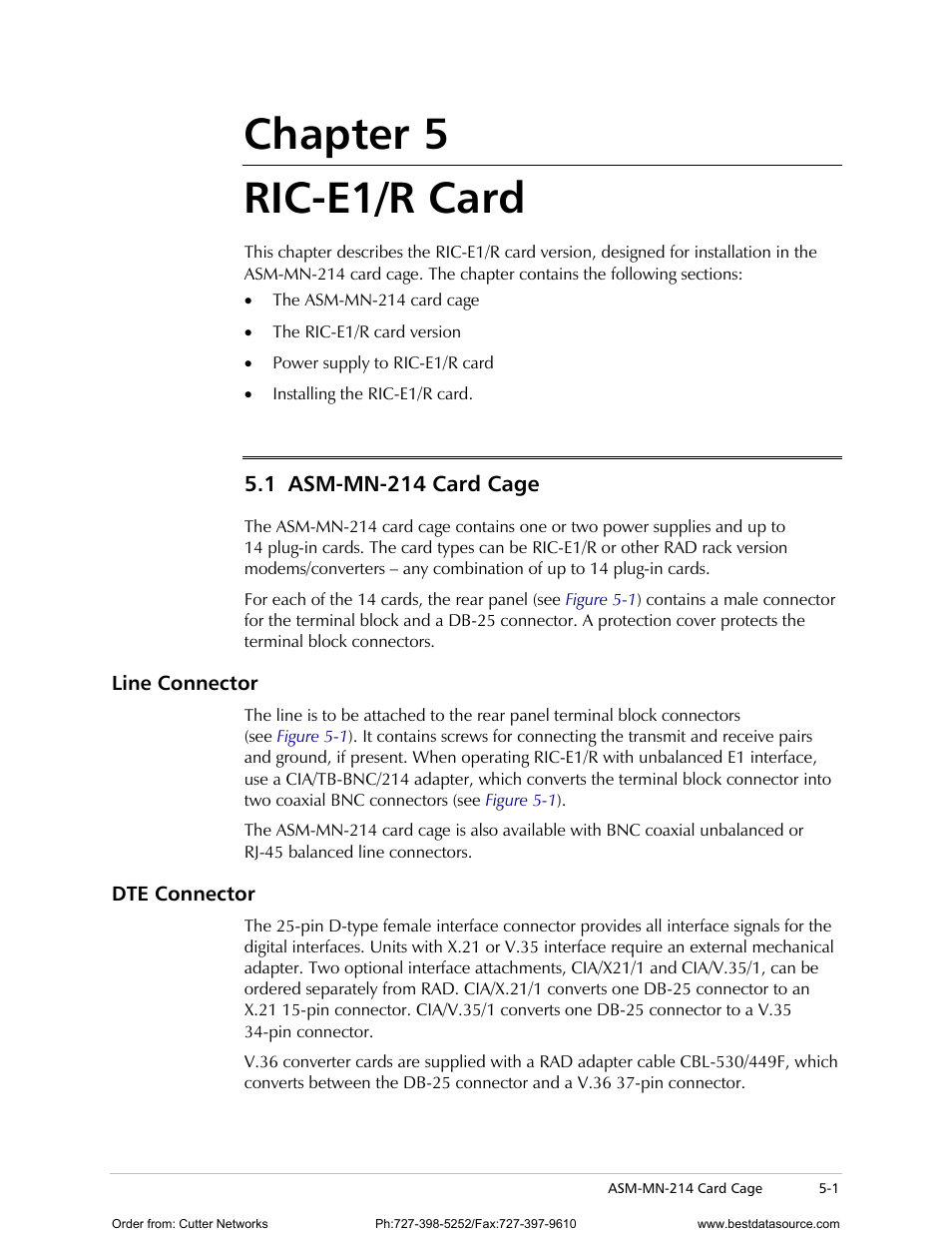 Chapter 5. ric-e1/r card, Asm-mn-214 card cage, Line connector | Dte connector, Chapter 5 ric-e1/r card, 1 asm-mn-214 card cage | RAD Data comm E1 Interface Converter RIC-E1 User Manual | Page 33 / 99