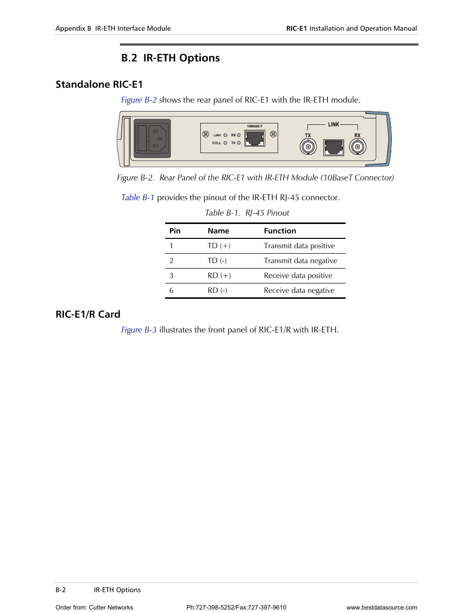 Ir-eth options, Standalone ric-e1, Ric-e1/r card | Ir-eth o, Ptions, B.2 ir-eth options | RAD Data comm E1 Interface Converter RIC-E1 User Manual | Page 46 / 99