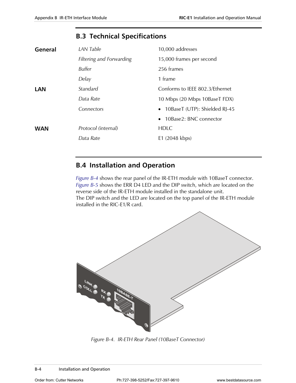 Technical specifications, Installation and operation, Echnical | Pecifications, Nstallation and, Peration, B.3 technical specifications, B.4 installation and operation | RAD Data comm E1 Interface Converter RIC-E1 User Manual | Page 48 / 99