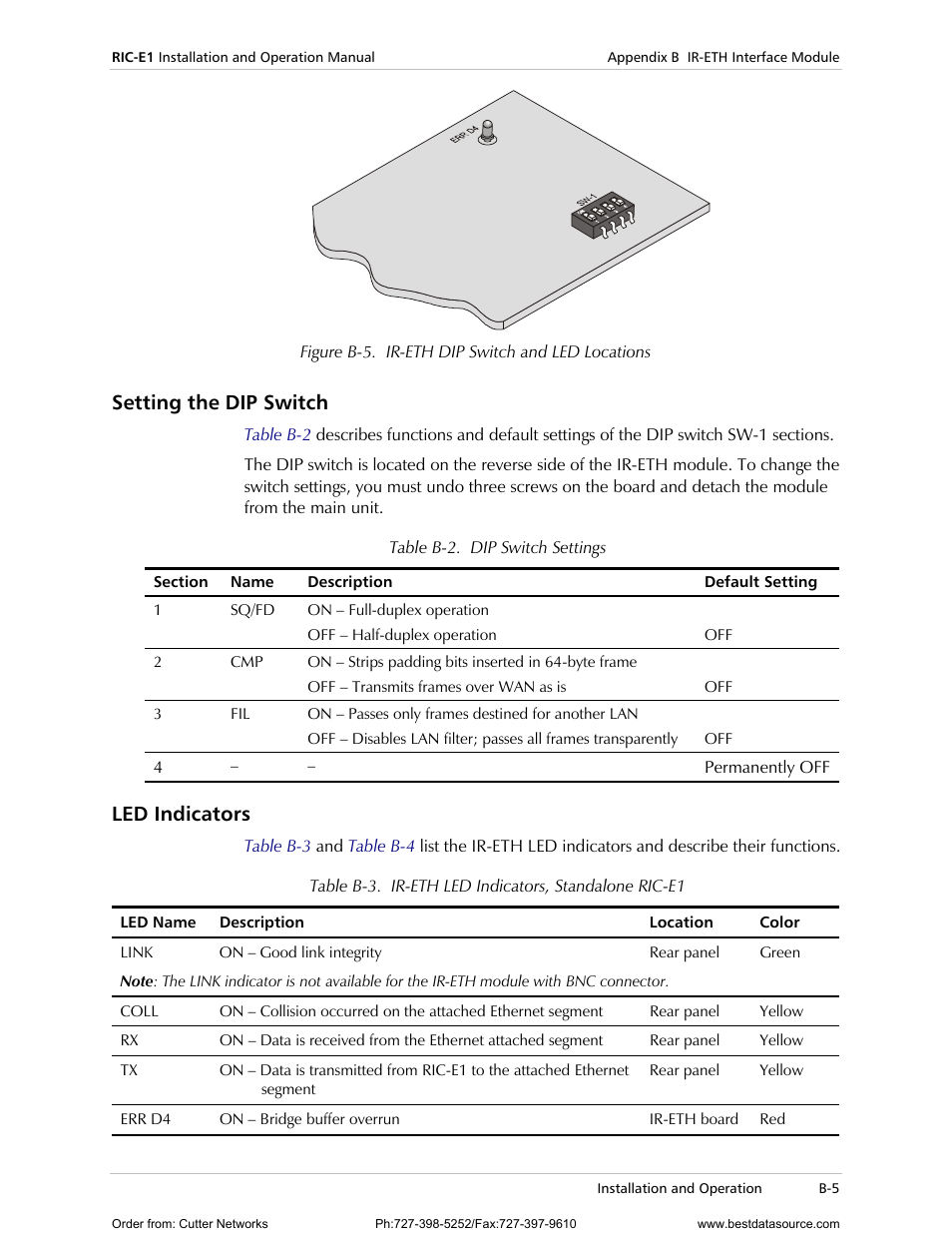 Setting the dip switch, Led indicators, Figure b-5 | RAD Data comm E1 Interface Converter RIC-E1 User Manual | Page 49 / 99