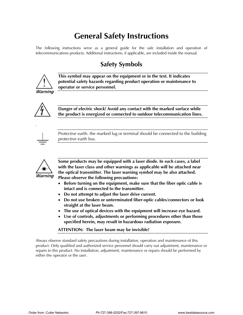 General safety instructions, Safety symbols | RAD Data comm E1 Interface Converter RIC-E1 User Manual | Page 5 / 99