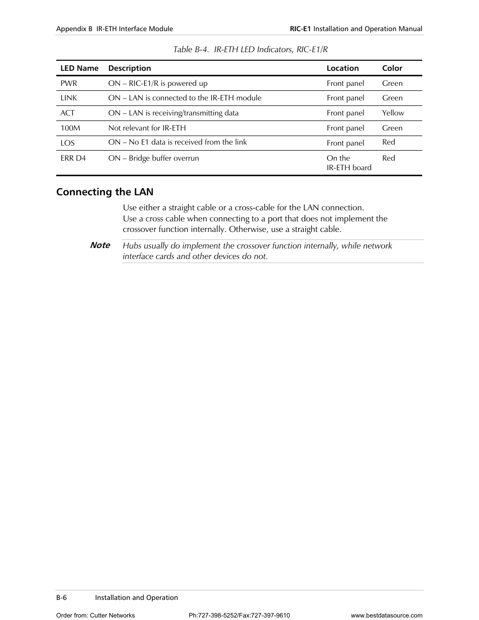 Connecting the lan, Table b-4 | RAD Data comm E1 Interface Converter RIC-E1 User Manual | Page 50 / 99