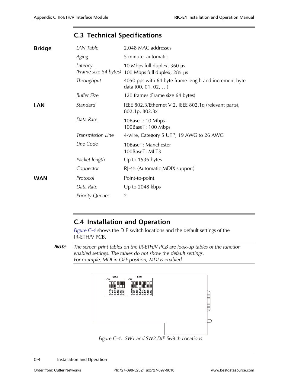 Technical specifications, Installation and operation, Echnical | Pecifications, Nstallation and, Peration, C.3 technical specifications, C.4 installation and operation, Bridge, Lan table 2,048 mac addresses | RAD Data comm E1 Interface Converter RIC-E1 User Manual | Page 54 / 99