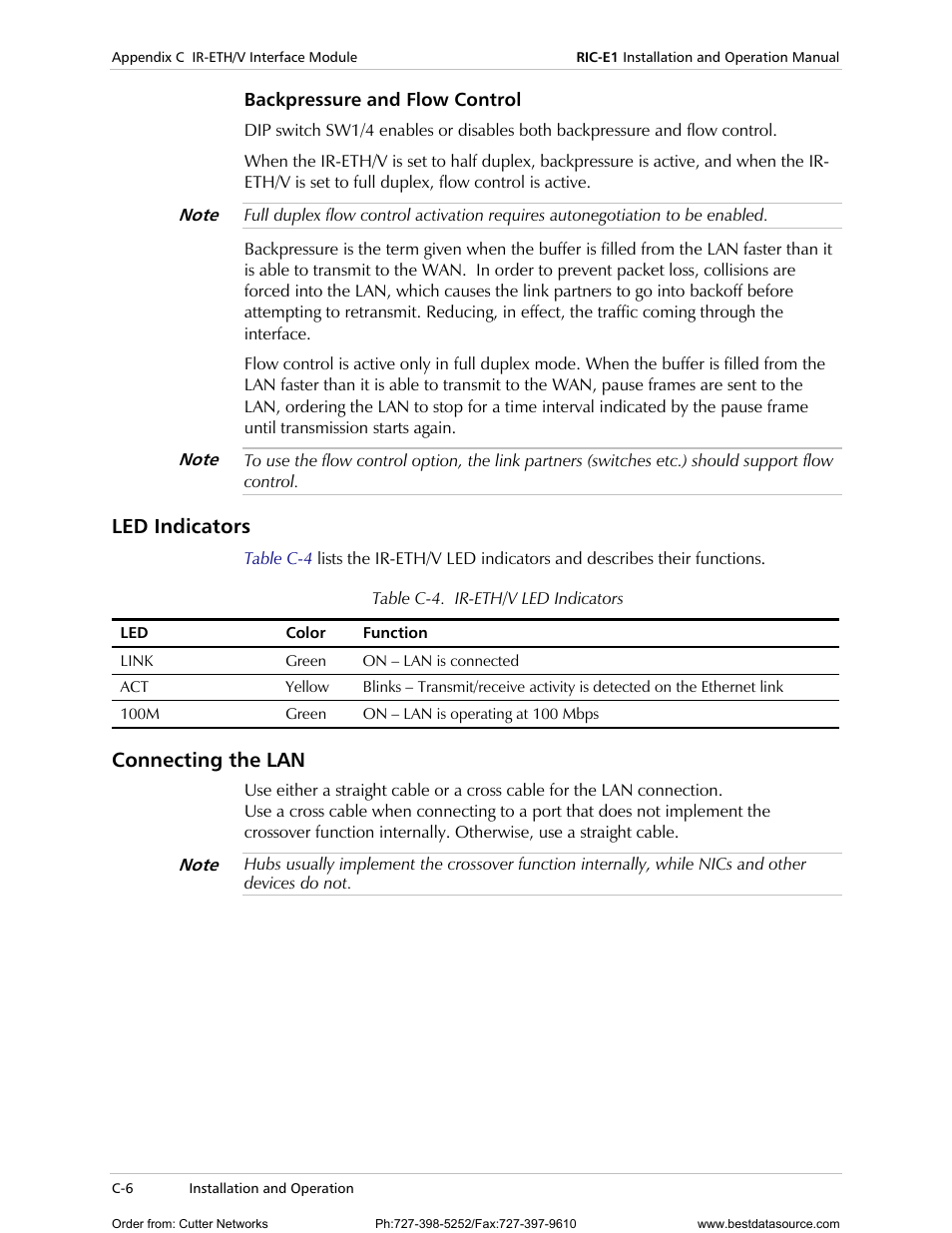 Backpressure and flow control, Led indicators, Connecting the lan | RAD Data comm E1 Interface Converter RIC-E1 User Manual | Page 56 / 99