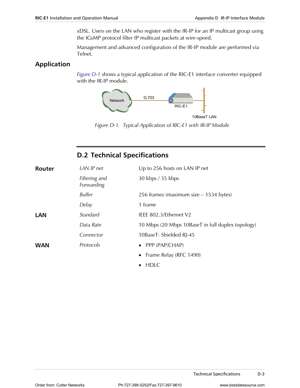 Application, Echnical, Pecifications | D.2 technical specifications | RAD Data comm E1 Interface Converter RIC-E1 User Manual | Page 59 / 99