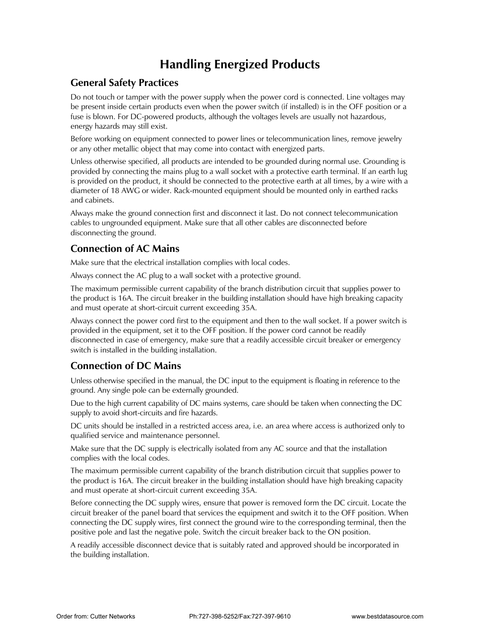 Handling energized products, General safety practices, Connection of ac mains | Connection of dc mains | RAD Data comm E1 Interface Converter RIC-E1 User Manual | Page 6 / 99