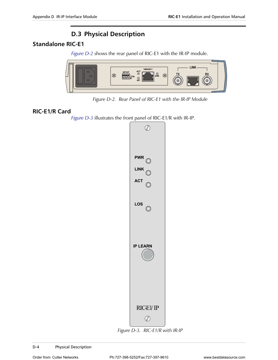 Standalone ric-e1, Ric-e1/r card, Hysical | Escription, D.3 physical description, Ric-e1/ ip | RAD Data comm E1 Interface Converter RIC-E1 User Manual | Page 60 / 99