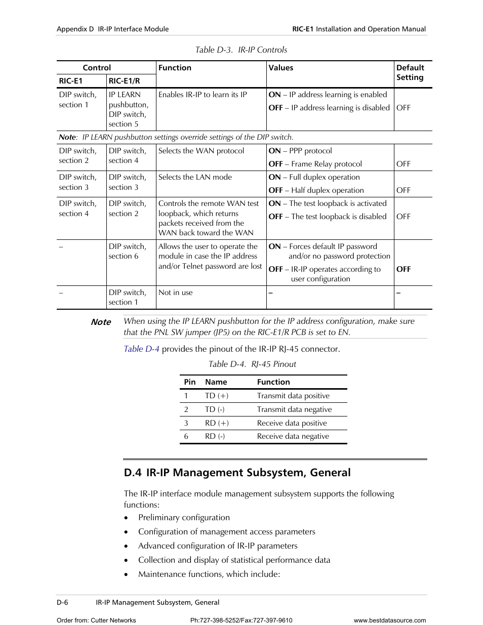 Ir-ip m, Anagement, Ubsystem | Eneral, Table d-3, Lists, D.4 ir-ip management subsystem, general | RAD Data comm E1 Interface Converter RIC-E1 User Manual | Page 62 / 99