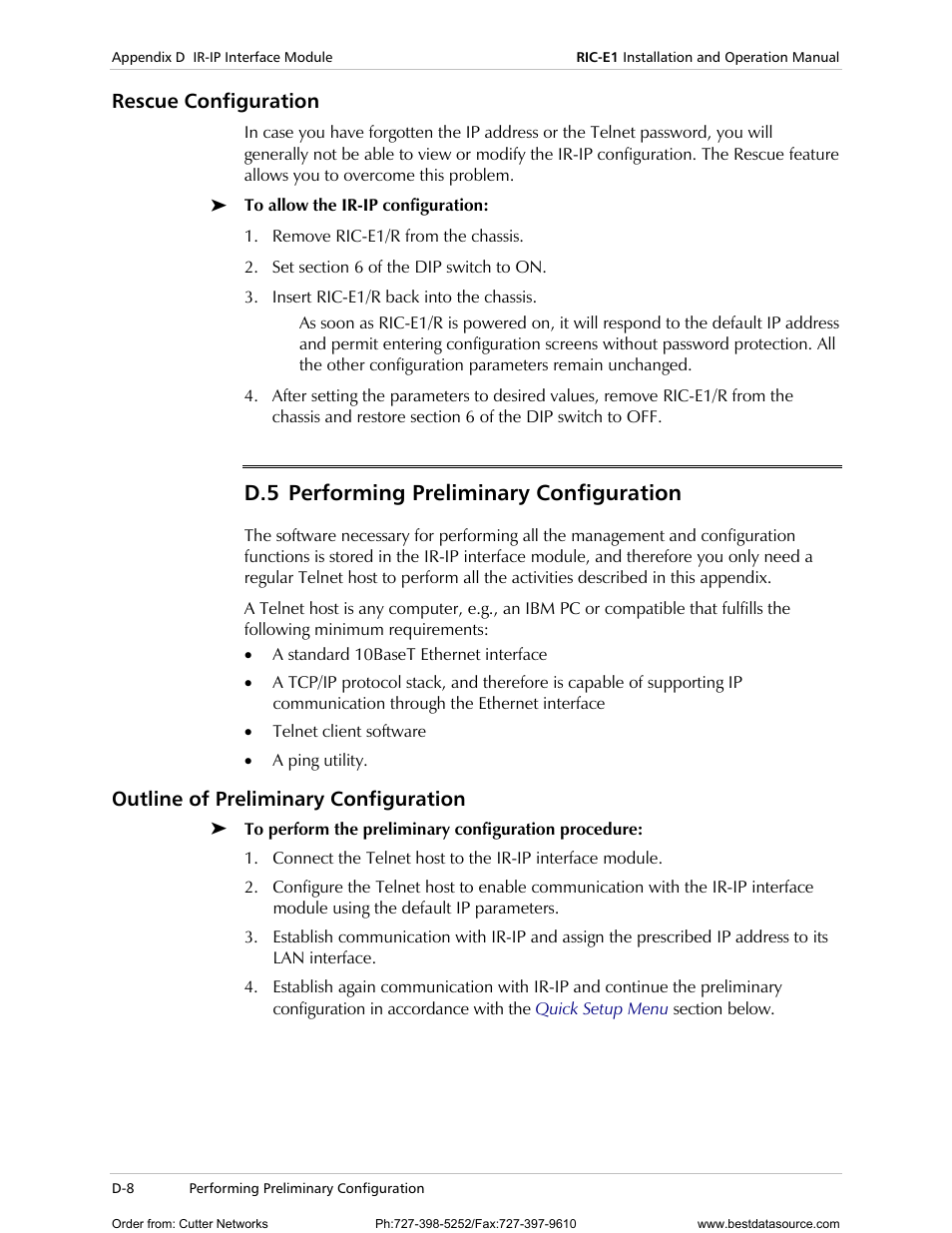 Rescue configuration, Outline of preliminary configuration, Erforming | Reliminary, Onfiguration, D.5 performing preliminary configuration | RAD Data comm E1 Interface Converter RIC-E1 User Manual | Page 64 / 99