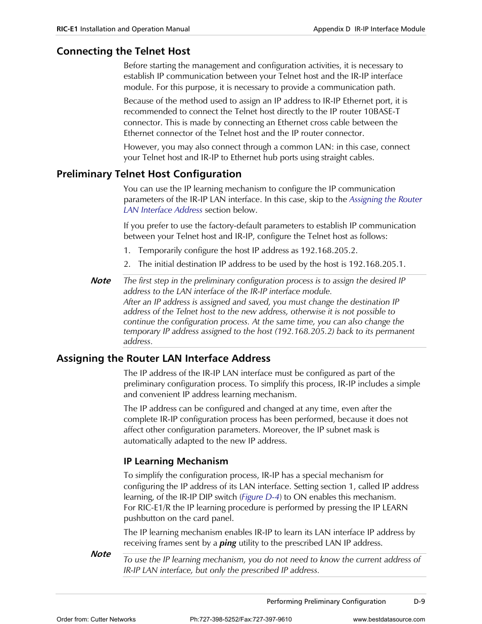 Connecting the telnet host, Preliminary telnet host configuration, Assigning the router lan interface address | Ip learning mechanism | RAD Data comm E1 Interface Converter RIC-E1 User Manual | Page 65 / 99