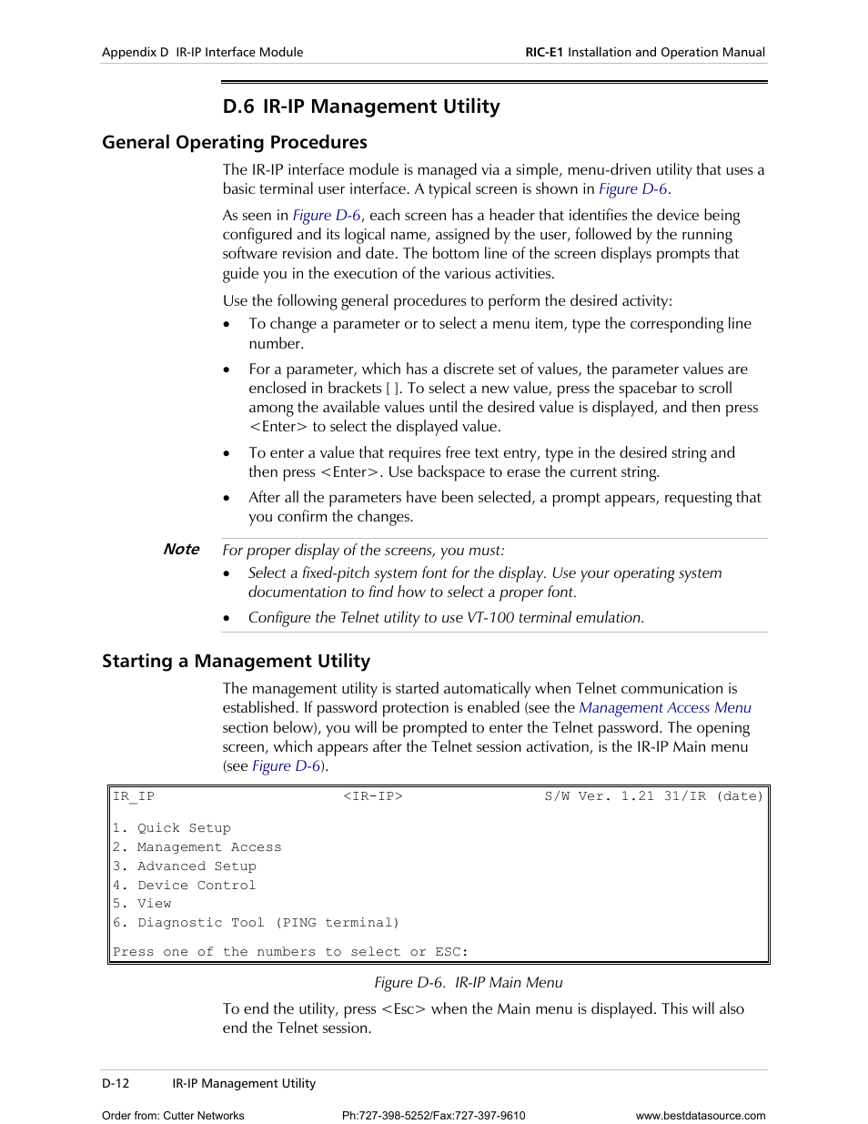 General operating procedures, Starting a management utility, Ir-ip m | Anagement, Tility, D-12, D.6 ir-ip management utility | RAD Data comm E1 Interface Converter RIC-E1 User Manual | Page 68 / 99