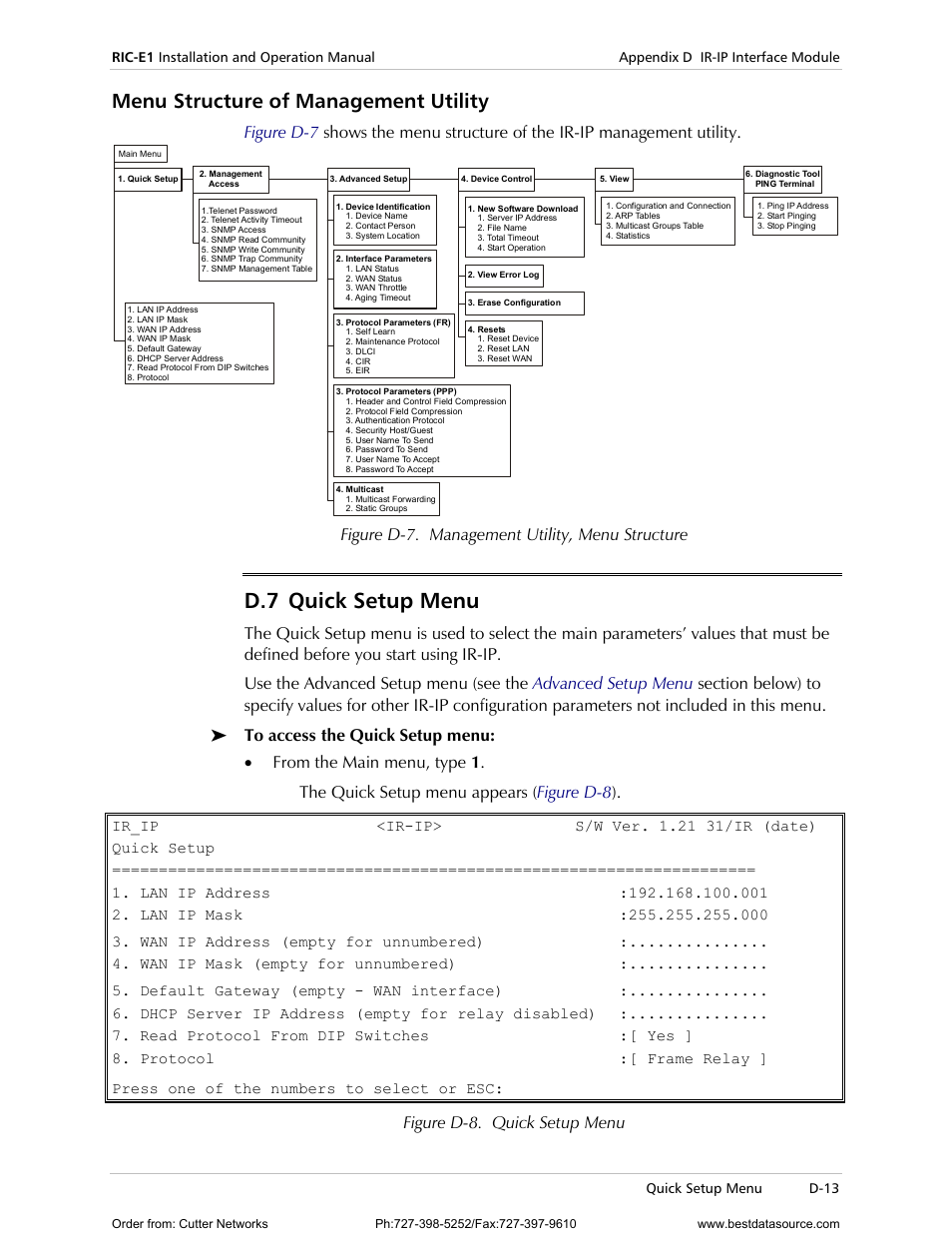 Menu structure of management utility, Uick, Etup | D-13, Ip router in accordance with the, Quick setup menu, Section, D.7 quick setup menu, Figure d-7. management utility, menu structure, Figure d-8. quick setup menu | RAD Data comm E1 Interface Converter RIC-E1 User Manual | Page 69 / 99