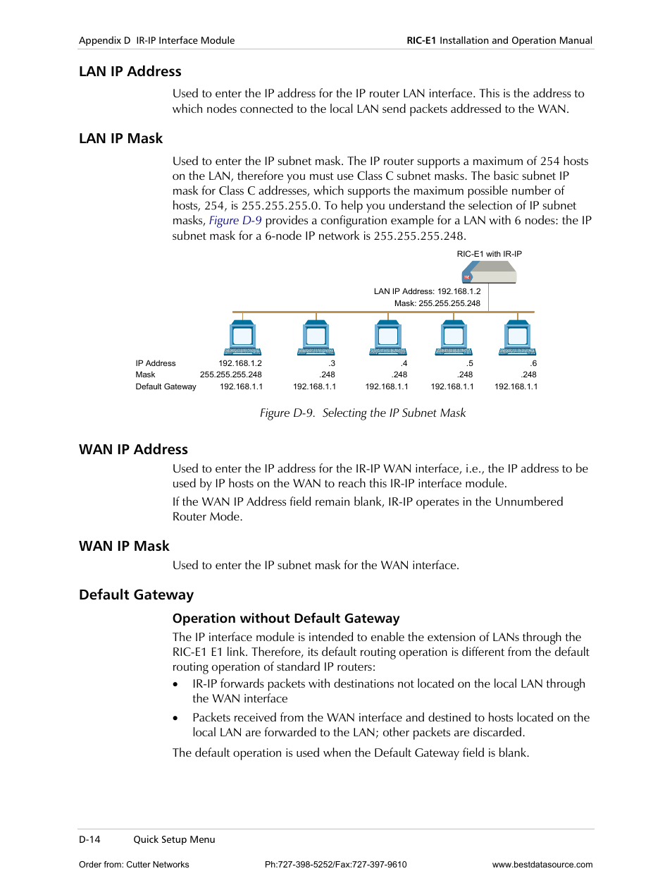 Lan ip address, Lan ip mask, Wan ip address | Wan ip mask, Default gateway, Operation without default gateway | RAD Data comm E1 Interface Converter RIC-E1 User Manual | Page 70 / 99